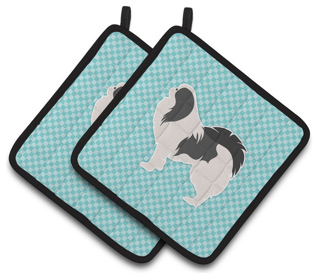 Japanese Chin Checkerboard Blue Pot Holders, Set of 2 Contemporary