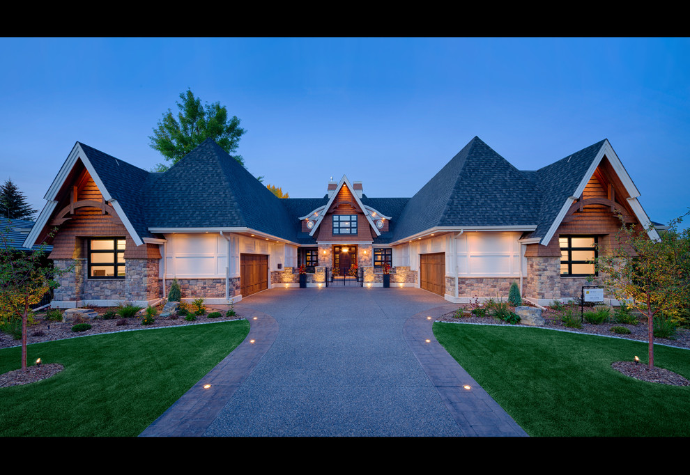 Inspiration for a transitional two-story mixed siding beige home design remodel in Calgary