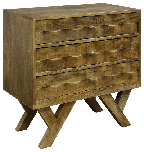 3 Drawer Chest Made of Solid Mango Wood, Honey Stain Midcentury