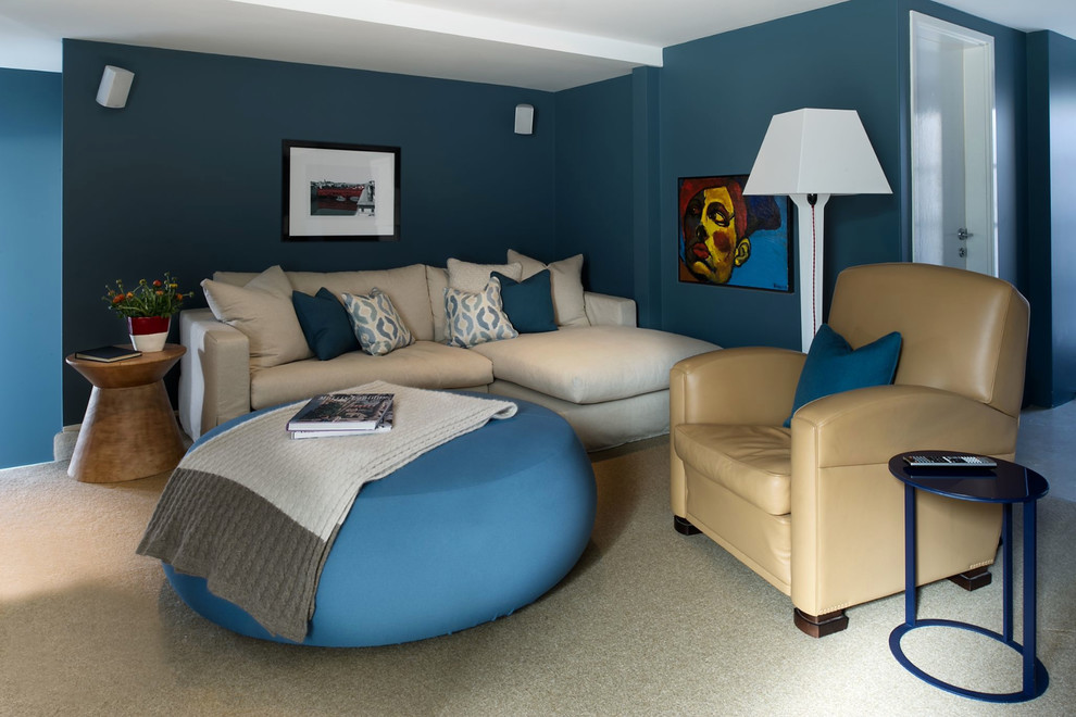 Inspiration for a contemporary family room in Sydney with blue walls and carpet.