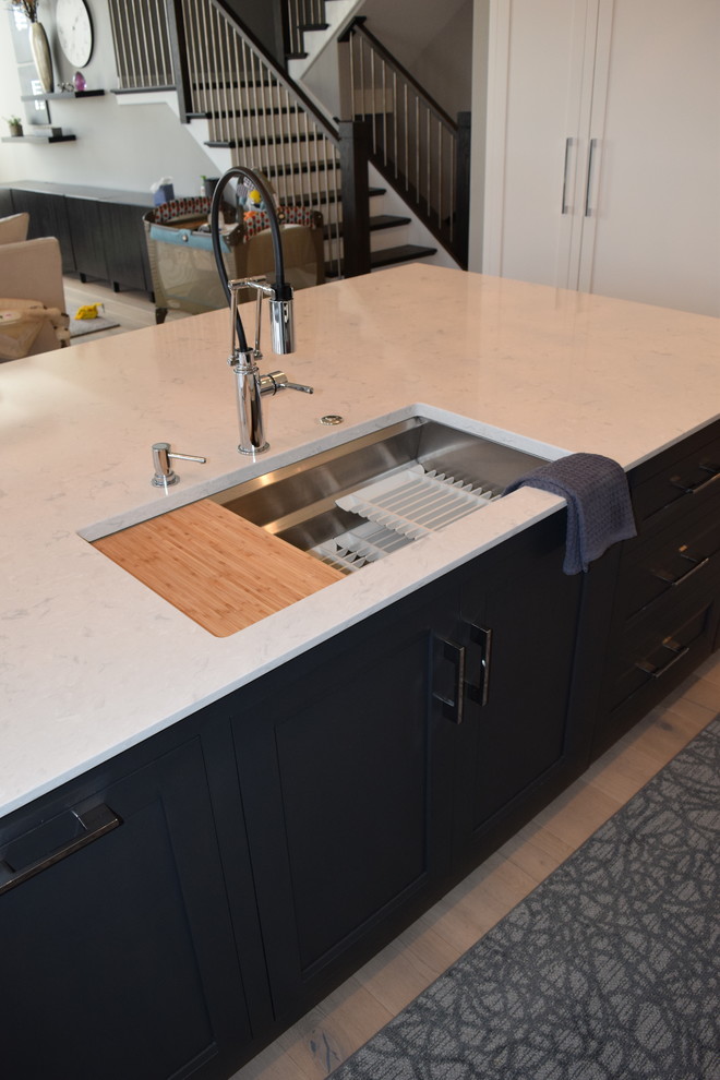 Eat-in kitchen - large transitional l-shaped light wood floor and multicolored floor eat-in kitchen idea in Chicago with beaded inset cabinets, white cabinets, quartz countertops, black backsplash, ceramic backsplash, stainless steel appliances and an island