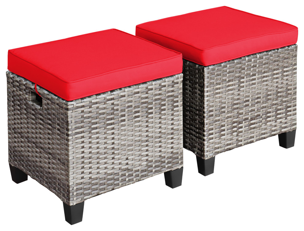 Costway 2PCS Patio Rattan Cushioned Ottoman Seat  Foot Rest Table Red