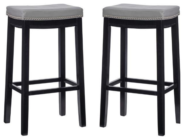 Home Square 2 Piece PU Upholstery Wood Bar Stool Set in Gray