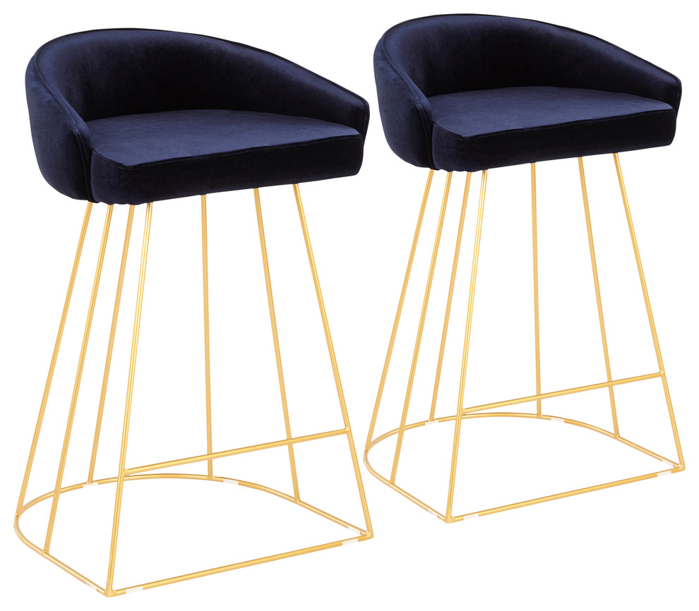 LumiSource Canary Counter Stool, Set of 2, Gold Metal/Blue Velvet