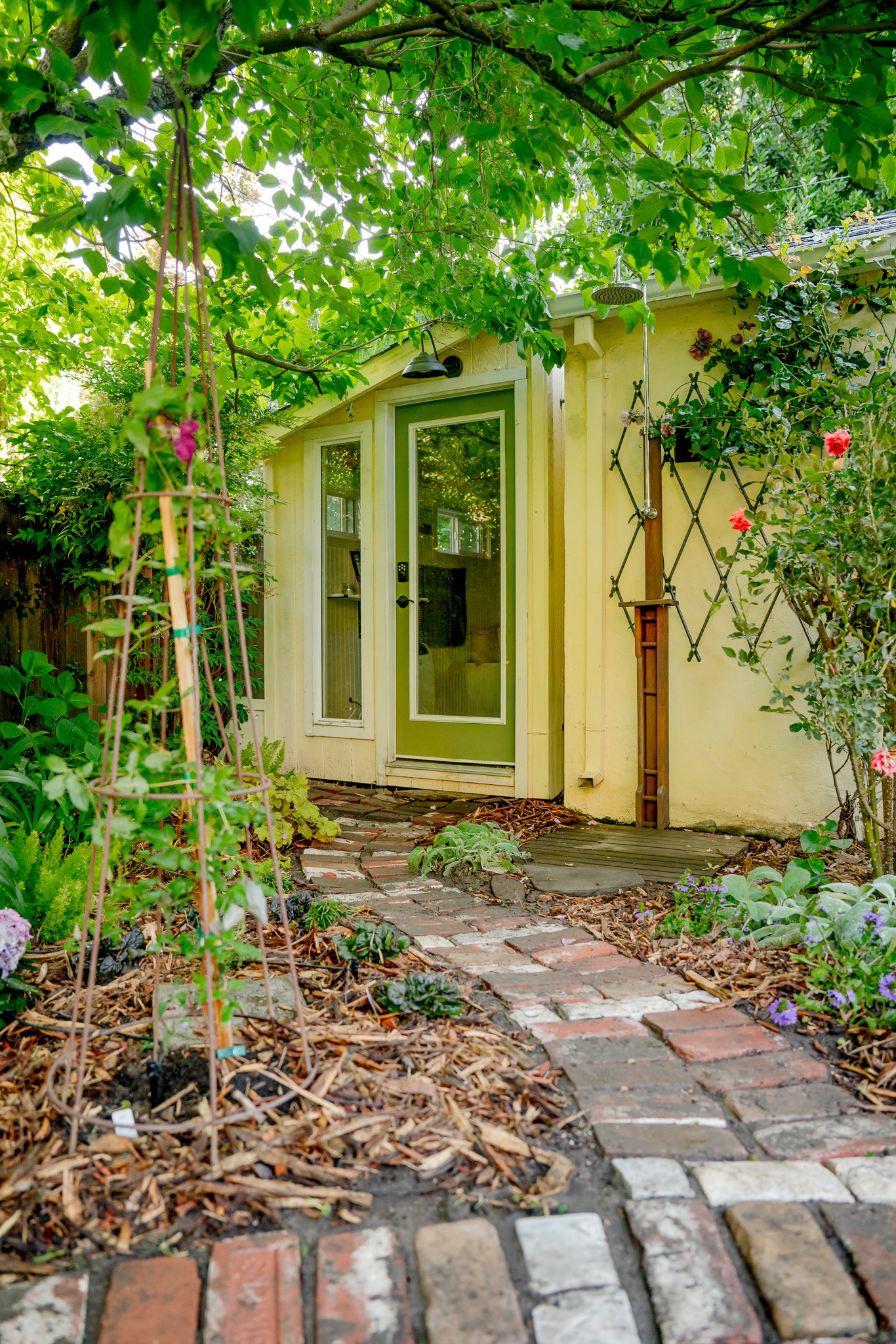 Reclaimed Brick Pathway to Studio Shed with Outdoor Shower