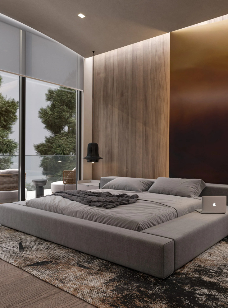 Modelo de habitación de invitados contemporánea de tamaño medio sin chimenea con paredes beige y suelo de madera clara