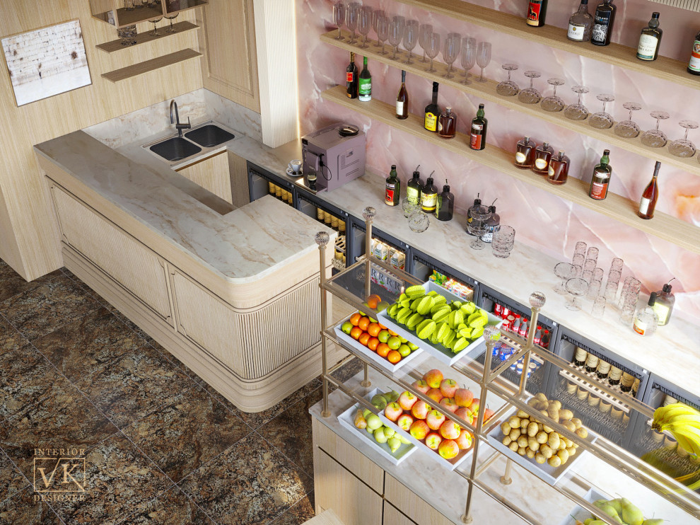 Inspiration for a mid-sized contemporary u-shaped wet bar in Paris with an undermount sink, flat-panel cabinets, light wood cabinets, quartzite benchtops, pink splashback, marble splashback, ceramic floors, beige floor and white benchtop.