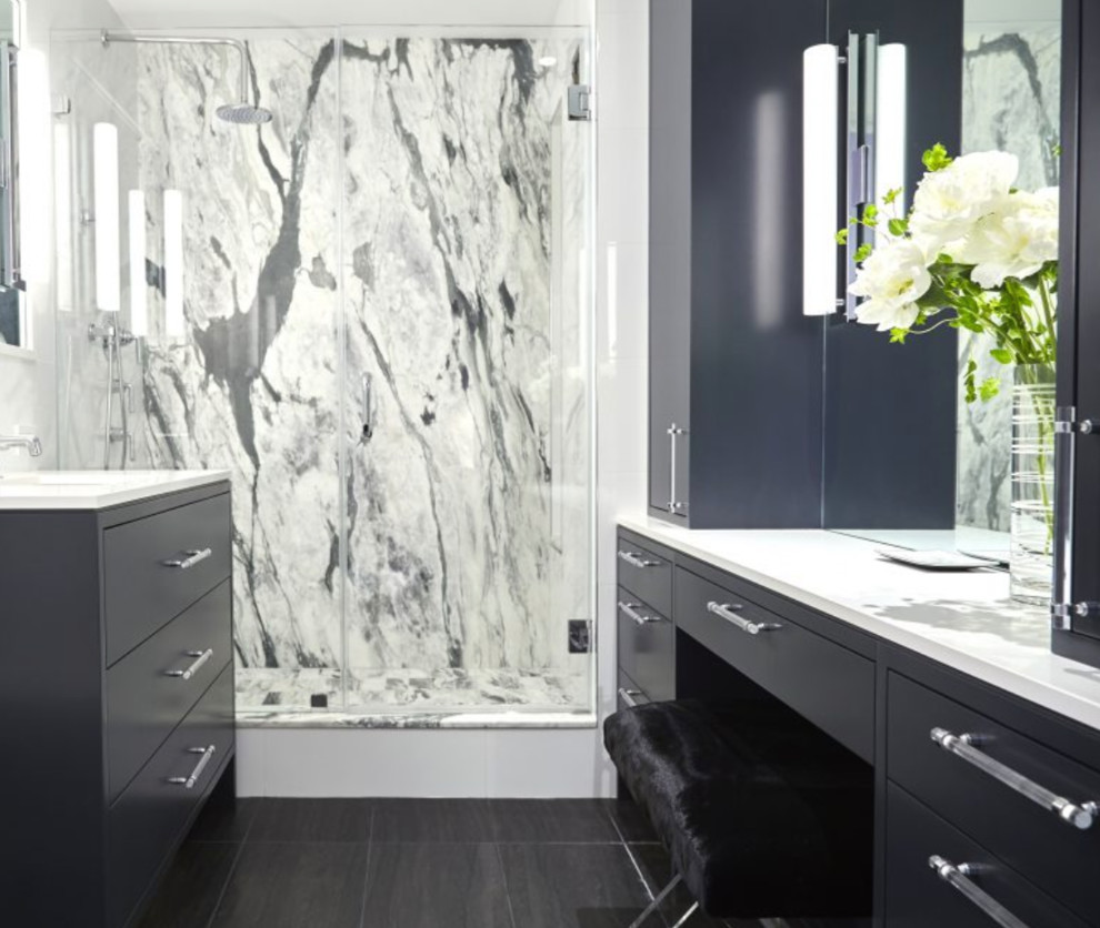 Mid-sized contemporary master bathroom in New York with flat-panel cabinets, black cabinets, an open shower, a wall-mount toilet, white tile, porcelain tile, white walls, terra-cotta floors, an undermount sink, quartzite benchtops, brown floor, a hinged shower door and white benchtops.