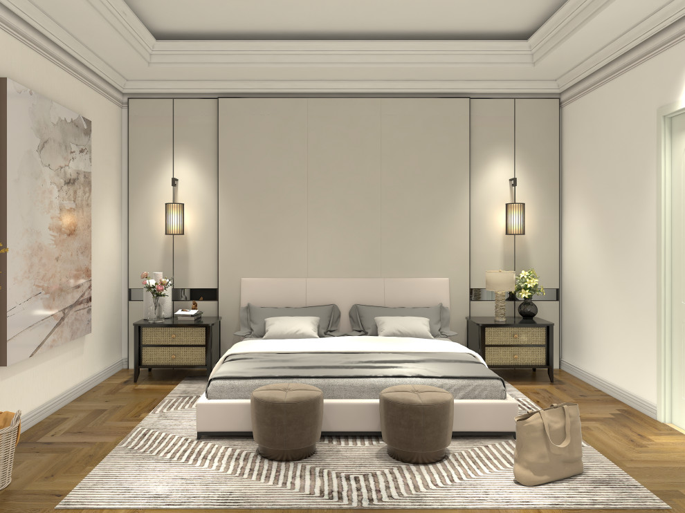 Imagen de dormitorio principal y abovedado contemporáneo con paredes blancas y suelo de madera clara