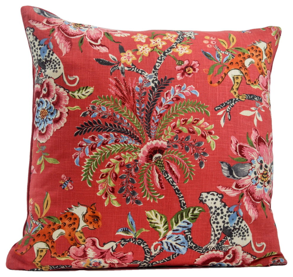 Red Chinoiserie Pillow Cover, Tropical Floral Red Pillow Cover, 20x20 Asian Decorative