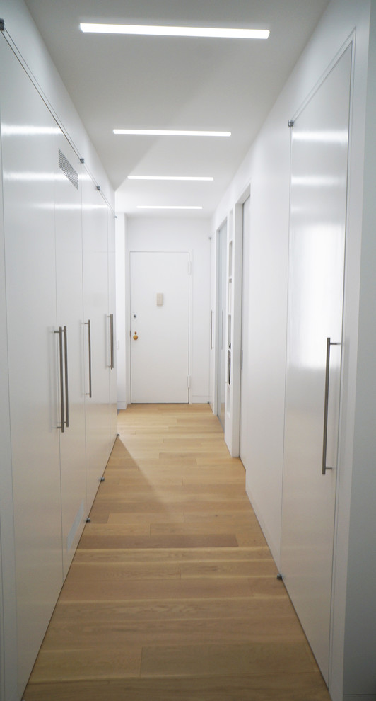 Design ideas for a small modern hallway in New York with white walls and light hardwood floors.