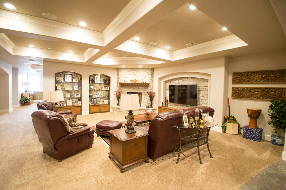 Inspiration for a large traditional open concept family room in Other with beige walls, carpet, a corner fireplace, a stone fireplace surround and a wall-mounted tv.