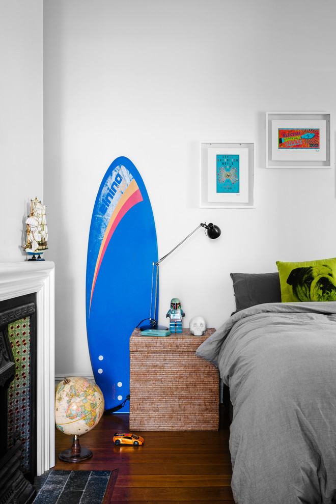 Eclectic kids' bedroom in Perth with white walls for boys.