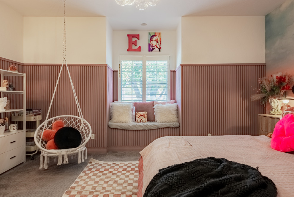 All the Arches Project - Kids' bedroom - bedroom and large transitional girl carpeted and wood wall kids' bedroom idea in Phoenix with pink walls