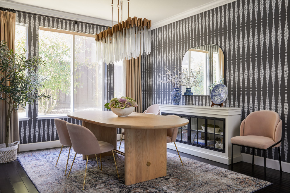 Inspiration for a transitional separate dining room in San Francisco with multi-coloured walls, dark hardwood floors, no fireplace, black floor and wallpaper.