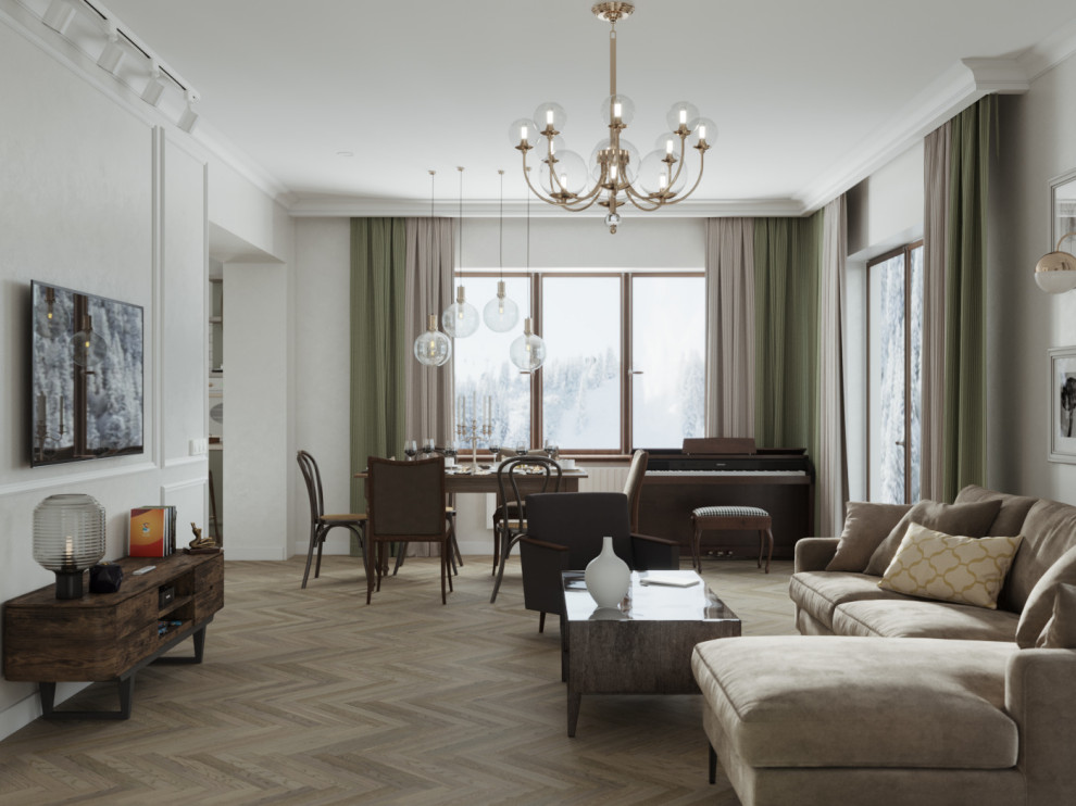 Кухня и гостиная комната из проекта загородного доиа в г.Тюмень