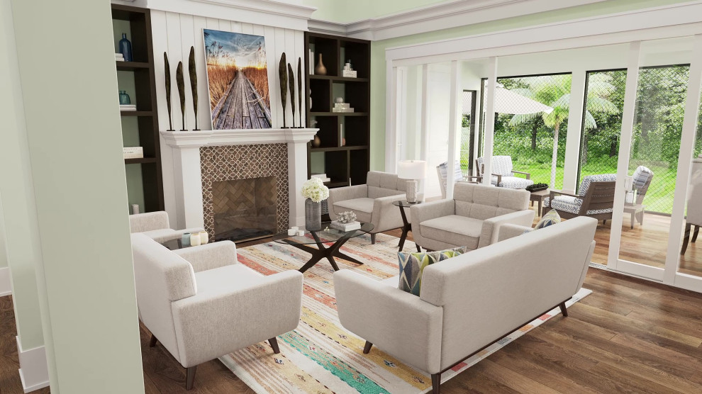 Ejemplo de sala de estar abierta contemporánea de tamaño medio con paredes verdes, suelo vinílico, todas las chimeneas, marco de chimenea de baldosas y/o azulejos, suelo marrón y vigas vistas