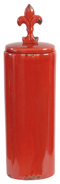 Fleur-de-Lis Lidded Ceramic Jar, Red, 23"
