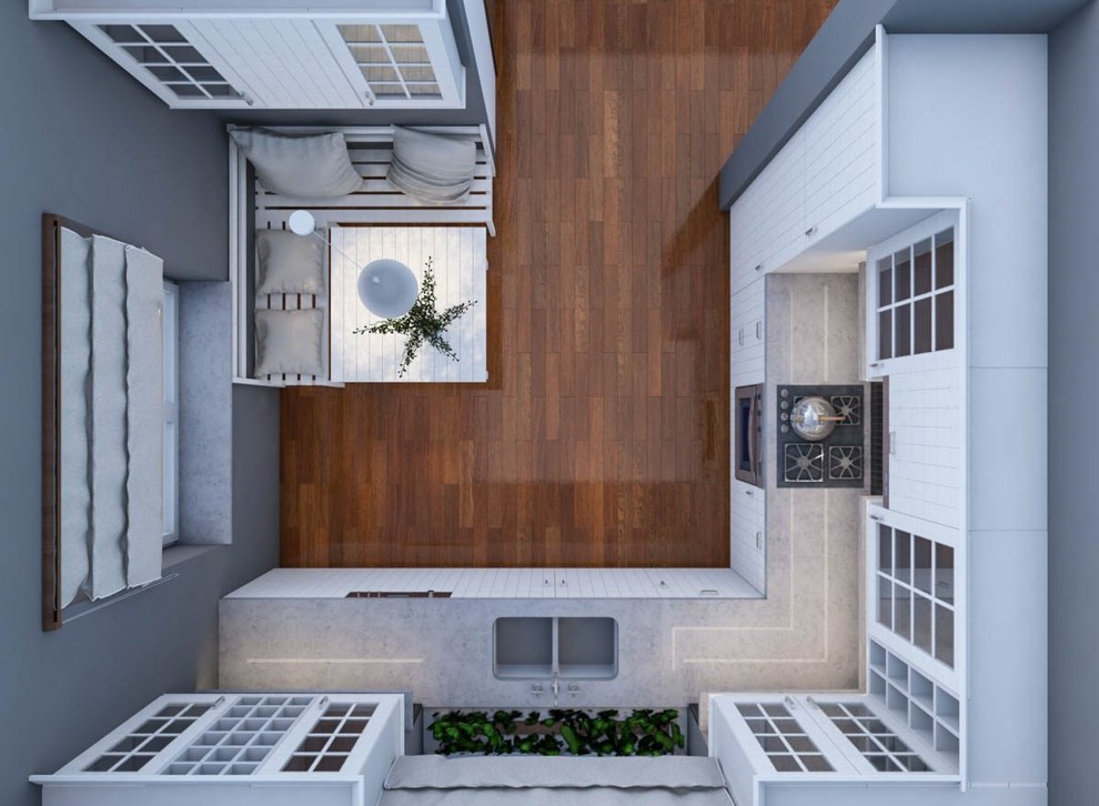 This is an example of a medium sized rustic l-shaped kitchen/diner in London with a double-bowl sink, white cabinets, quartz worktops, black splashback, mosaic tiled splashback, integrated appliances, medium hardwood flooring, no island and brown floors.