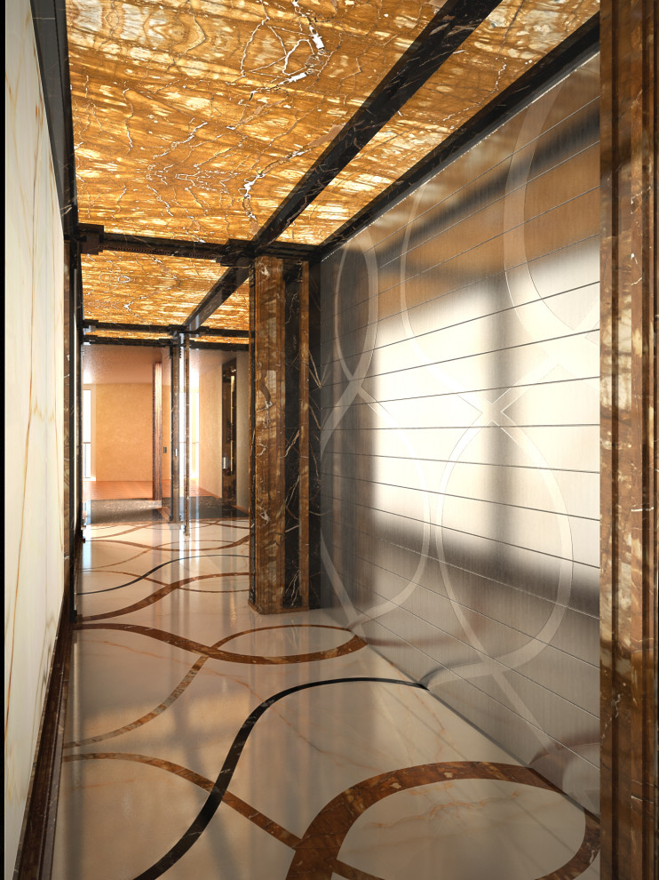 Idee per un ampio ingresso o corridoio minimalista con pareti multicolore, pavimento in marmo, pavimento multicolore e soffitto a cassettoni