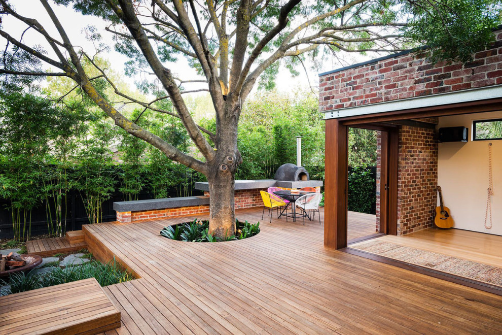 Mid-sized contemporary backyard garden in Other with with fireplace.
