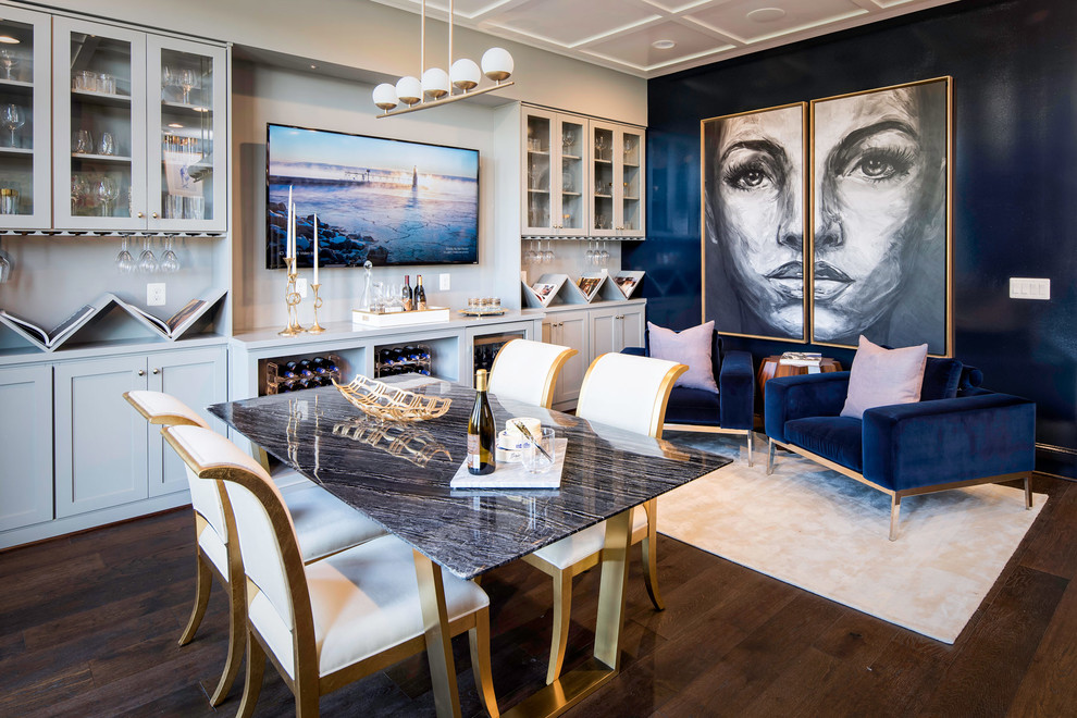 Photo of a contemporary open plan dining in DC Metro with blue walls, dark hardwood floors, no fireplace and brown floor.