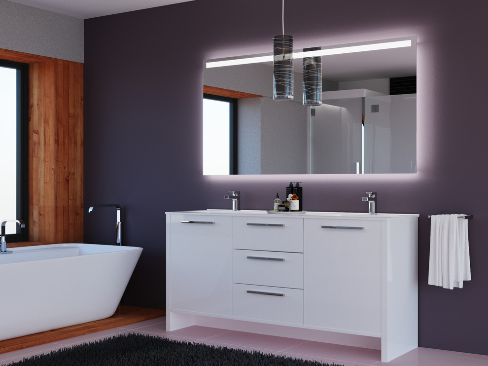 This is an example of a small modern bathroom in New York with furniture-like cabinets, white cabinets, a drop-in sink, solid surface benchtops and white benchtops.