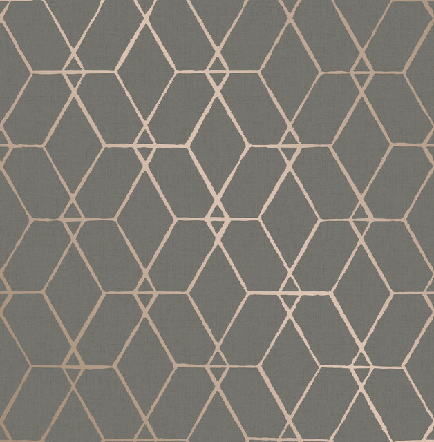 Wallpaper Designer Gray Square Geometric Trellis on Light Beige Taupe Faux Linen