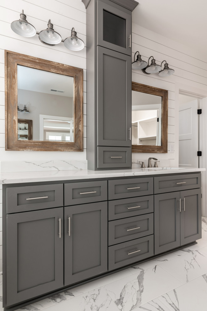This is an example of a country bathroom in Charlotte with shaker cabinets, grey cabinets, ceramic floors, an open shower, white benchtops and planked wall panelling.