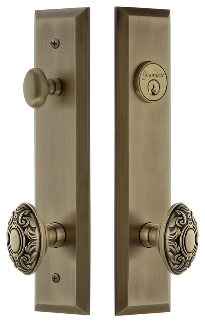2.375 Grandeur Grande Victorian Plate with Fifth Avenue Knob Privacy Polished Brass
