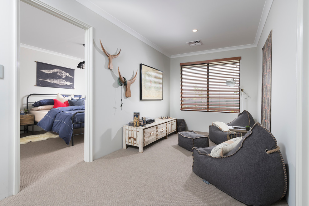 This is an example of a country gender-neutral kids' room in Perth with carpet and grey walls.