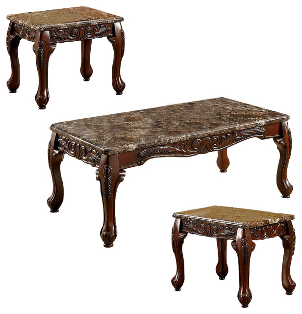 Wooden Coffee Table And End Tables Set With Faux Marble Top Pack Of 3 Brown Victorian Coffee Table Sets By Bunnyberry Houzz