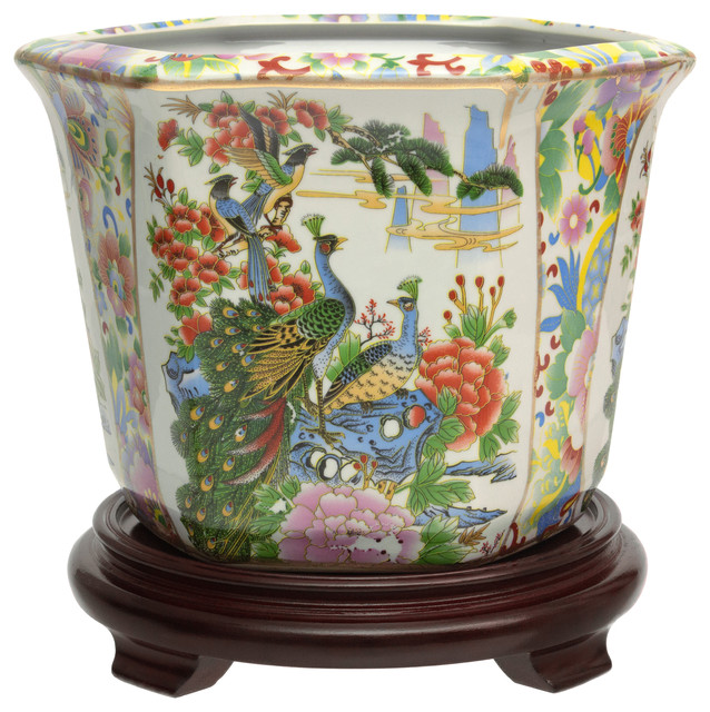 10" Satsuma Birds and Flowers Porcelain Flower Pot Asian Indoor