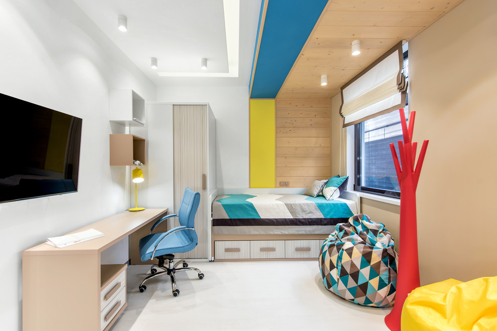 This is an example of a contemporary teen room for boys in Other with white floor and white walls.