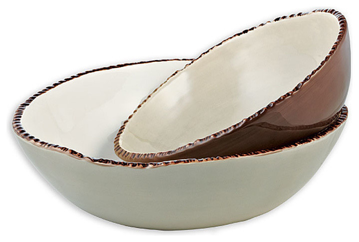 Set of 2 Ceramic Wood Grain Stacking Bowls, Fawn