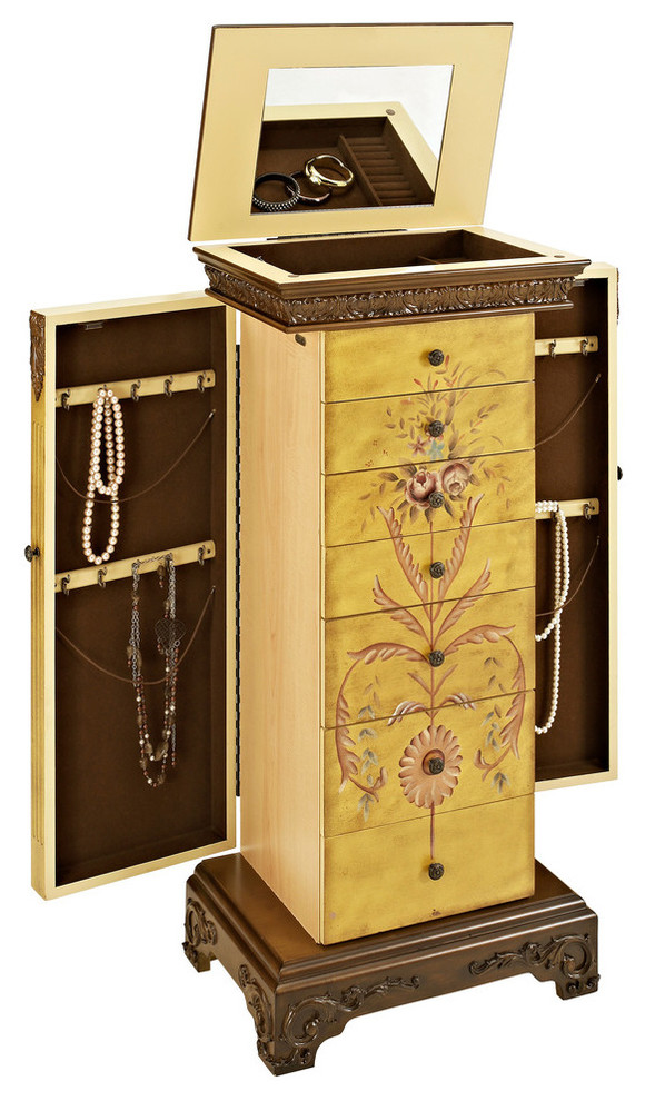 Linon Masterpiece Wood Hand Painted Jewelry Armoire in Antique Parchment Yellow Victorian