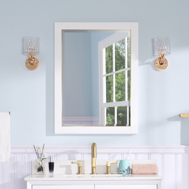 Solid Wood Beleved Edge Rectangular Framed Bathroom Wall Vanity Mirror, 24”x32" Transitional
