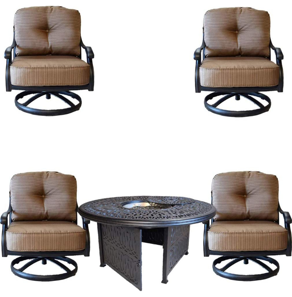 5 Piece Patio Fire Pit Conversation Set, Cast Aluminum Club Swivel