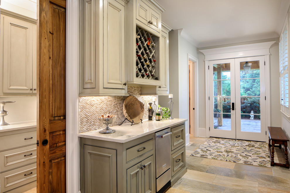 Photo of a large traditional mudroom in New Orleans with grey walls, travertine floors, a double front door, a white front door and beige floor.