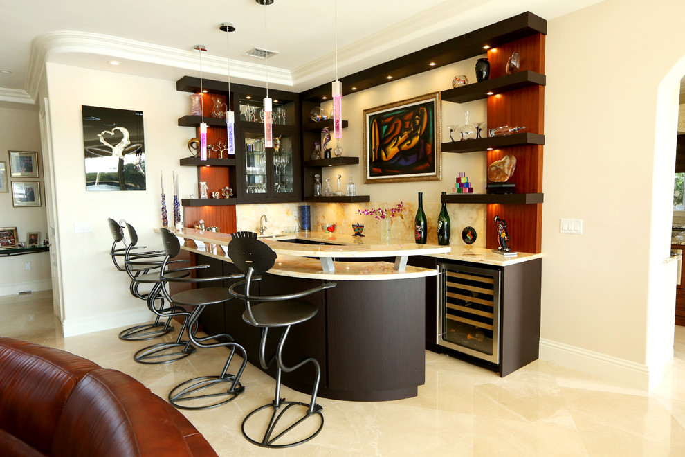 Photo of a large contemporary l-shaped seated home bar in Miami with an undermount sink, open cabinets, dark wood cabinets, granite benchtops, beige splashback, stone slab splashback, marble floors, beige floor and beige benchtop.