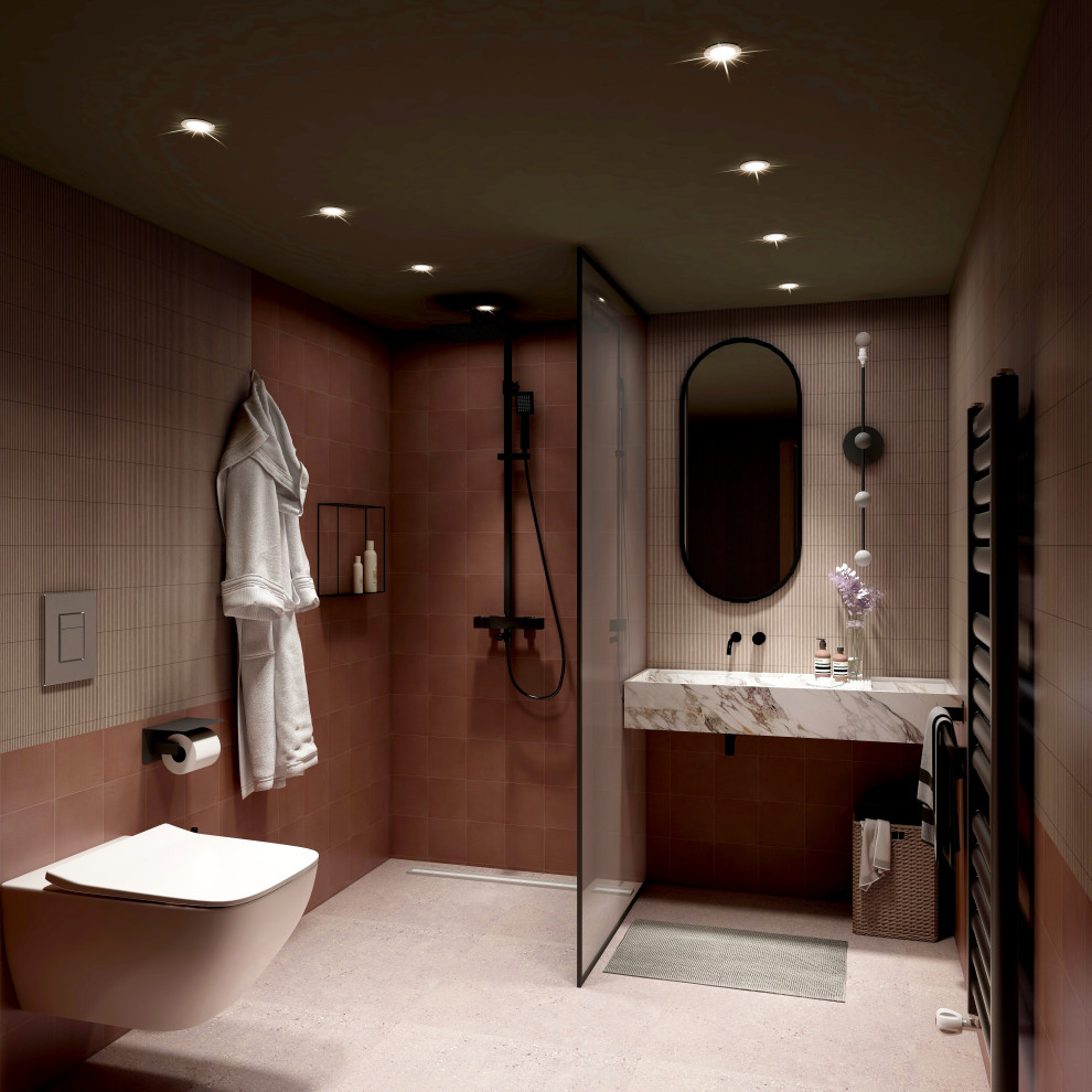 Inredning av ett modernt litet badrum för barn, med våtrum, en vägghängd toalettstol, brun kakel, keramikplattor, klinkergolv i keramik, ett väggmonterat handfat, marmorbänkskiva, brunt golv och med dusch som är öppen