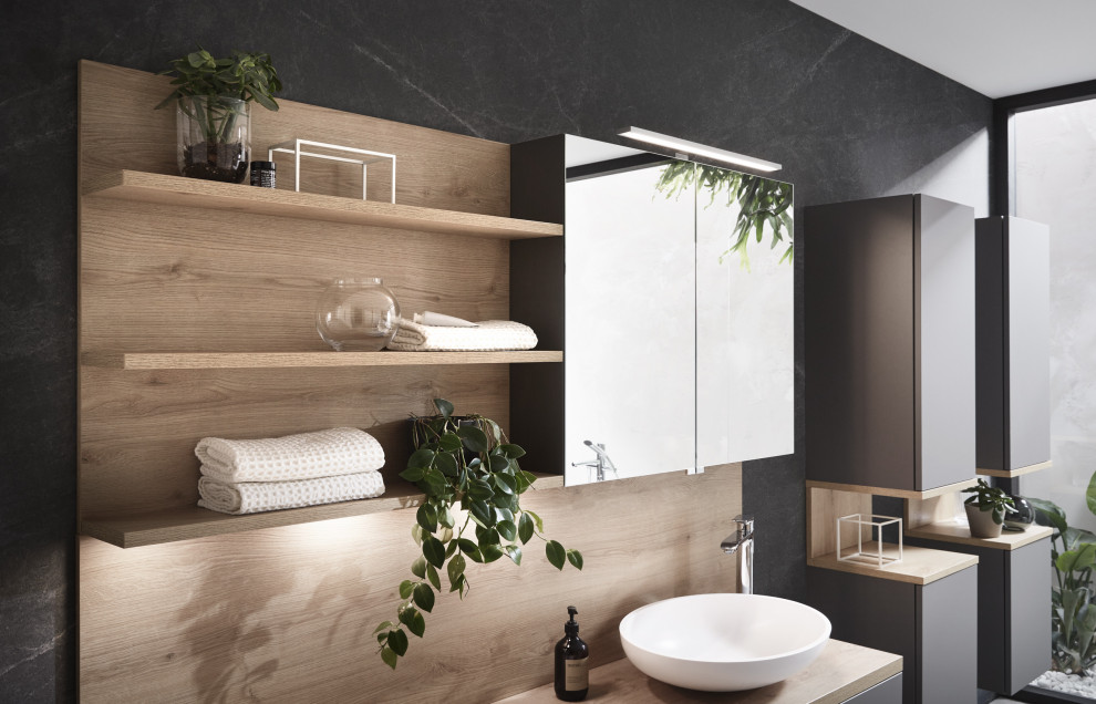 Inspiration for a mid-sized scandinavian master bathroom in Miami with furniture-like cabinets, grey cabinets, a freestanding tub, gray tile, grey walls, ceramic floors, a vessel sink, wood benchtops, grey floor and multi-coloured benchtops.