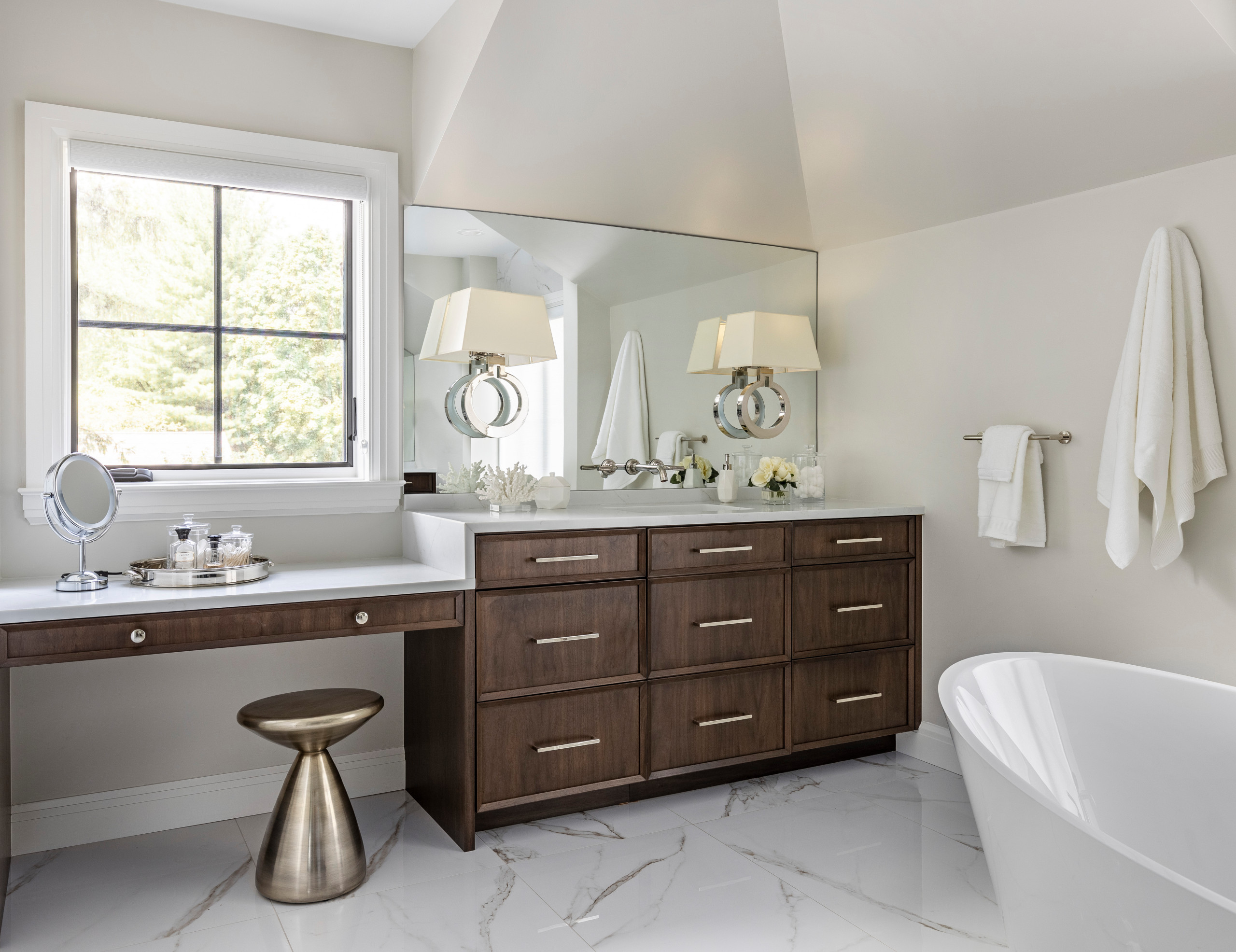 Example of a large minimalist master white tile and porcelain tile porcelain tile, white floor and double-sink bathroom design in Detroit with recessed-panel cabinets, dark wood cabinets, a one-piece