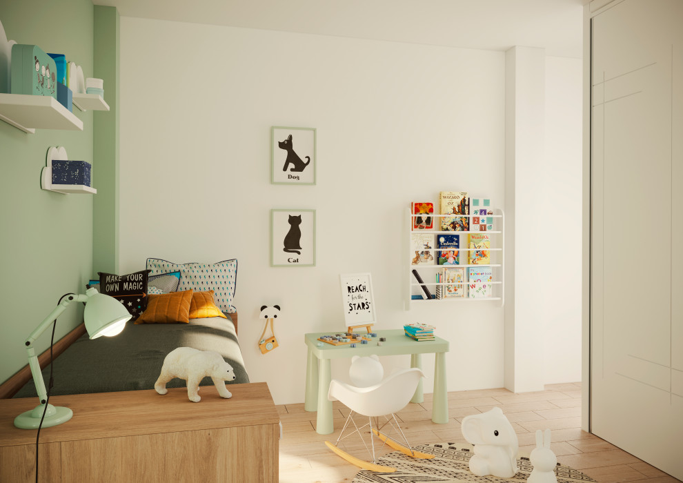 Esempio di una piccola cameretta per bambini da 1 a 3 anni moderna con pareti bianche, parquet chiaro e pavimento marrone