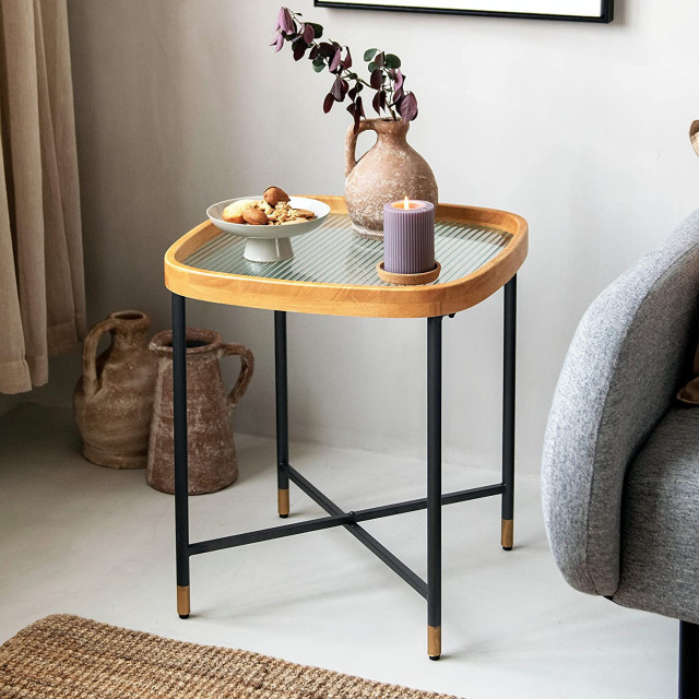 Farmhouse Glass End Table, Solid Wood, Metal Frame and Reeded Pattern