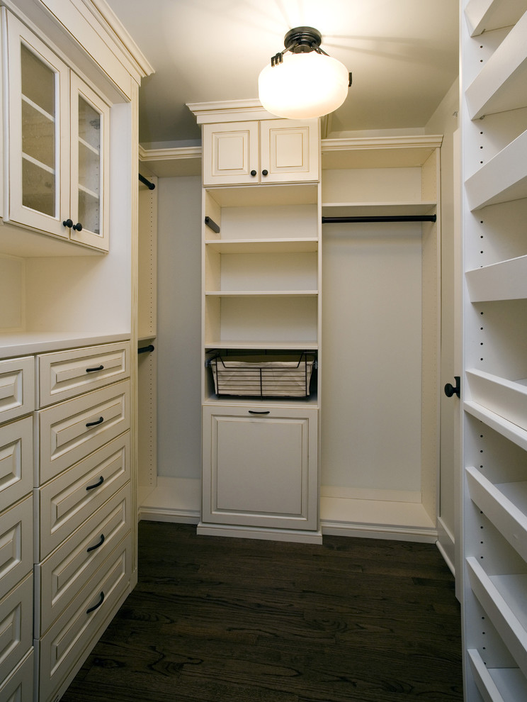 Large arts and crafts gender-neutral walk-in wardrobe in Chicago with raised-panel cabinets, beige cabinets, medium hardwood floors and brown floor.