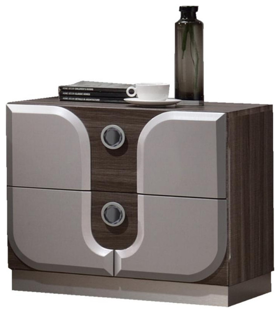 2 Drawers Nightstand, Zebra Wood Grain/Gloss Gray Contemporary Nightstands And Bedside