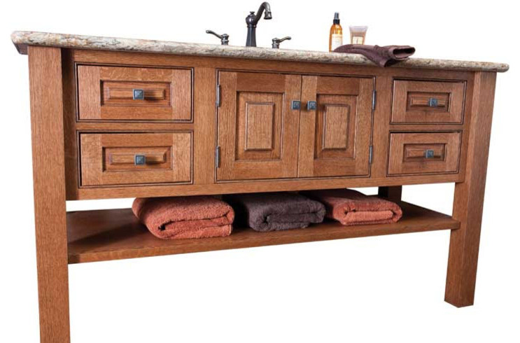 Elegant 3/4 bathroom photo with raised-panel cabinets, medium tone wood cabinets and granite countertops