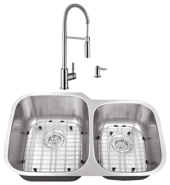 32" 60/40 Stainless Steel Kitchen Sink and Industrial Faucet