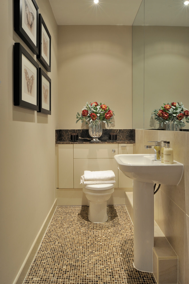 This is an example of a small transitional powder room in London with beaded inset cabinets, a one-piece toilet and a pedestal sink.